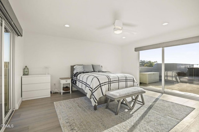 bedroom featuring dark hardwood / wood-style flooring, access to outside, and multiple windows