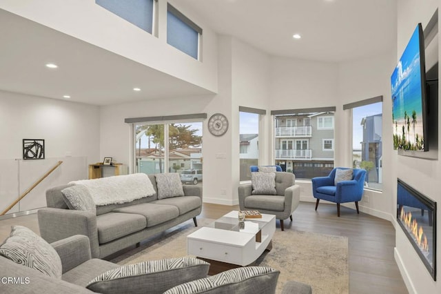 living room featuring a towering ceiling and hardwood / wood-style flooring