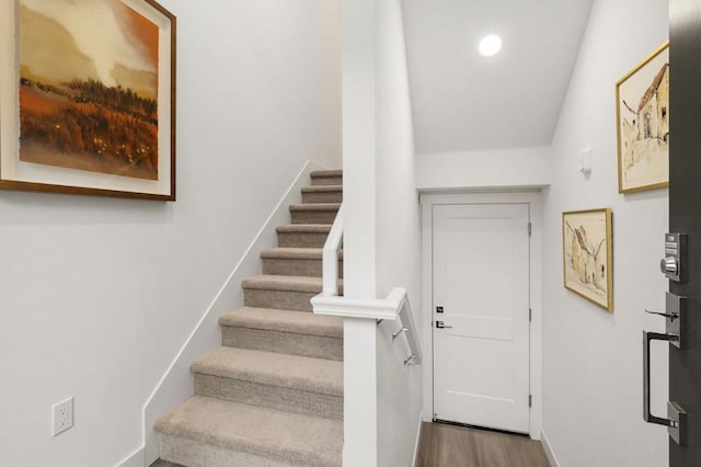 staircase with hardwood / wood-style flooring