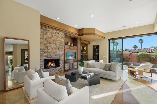 living room with a fireplace