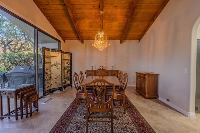 dining room featuring an inviting chandelier, lofted ceiling with beams, and wooden ceiling