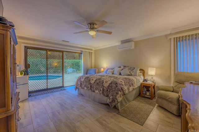 bedroom featuring access to exterior, ornamental molding, a wall mounted AC, and ceiling fan