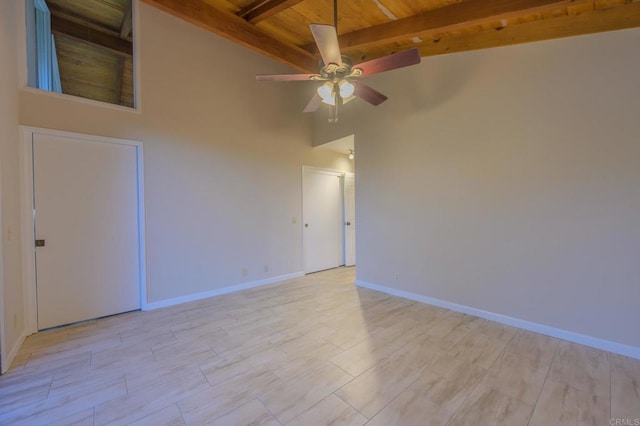 unfurnished room featuring beamed ceiling, high vaulted ceiling, light wood-type flooring, and ceiling fan