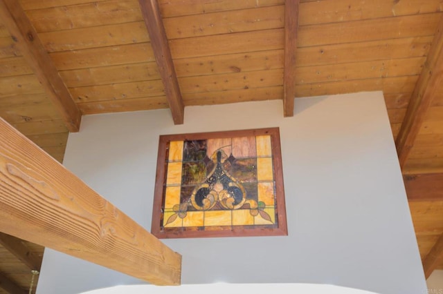 room details featuring wood ceiling and beamed ceiling