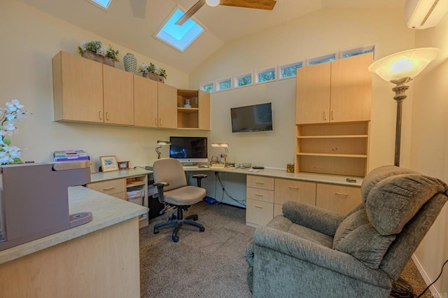 office featuring ceiling fan, built in desk, vaulted ceiling, light colored carpet, and an AC wall unit