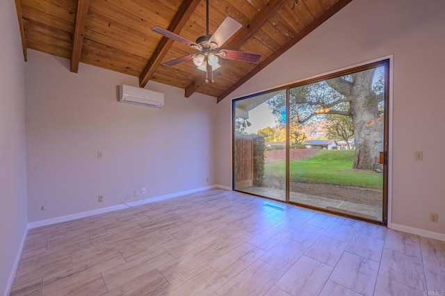 unfurnished room with lofted ceiling with beams, a wall mounted air conditioner, wooden ceiling, and ceiling fan