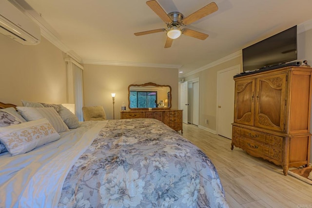 bedroom with crown molding, ceiling fan, a wall unit AC, and light hardwood / wood-style flooring