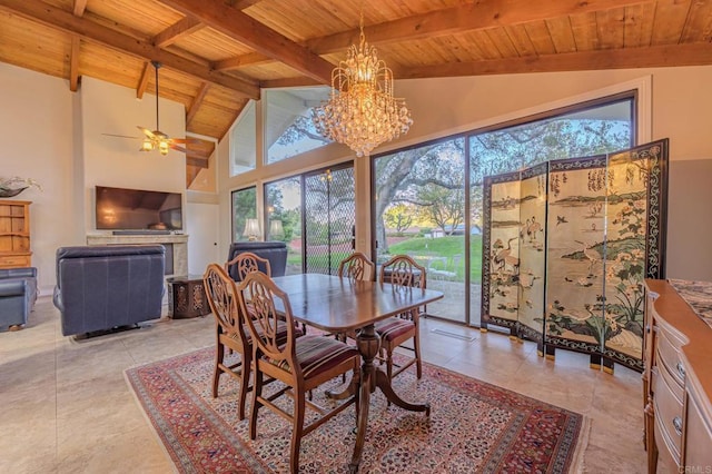 dining area with high vaulted ceiling, ceiling fan with notable chandelier, wooden ceiling, and beam ceiling