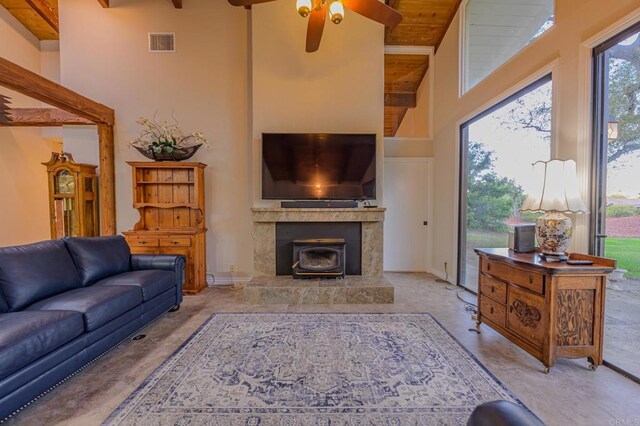 32202 Taupa Way, Pauma Valley, CA 92061 - living area featuring a towering ceiling, ceiling fan, and wooden ceiling with exposed beams