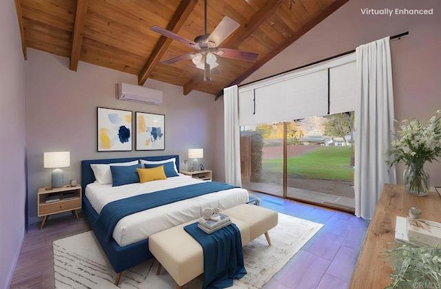 32202 Taupa Way, Pauma Valley, CA 92061 - bedroom featuring access to exterior, wood ceiling with exposed beams, a wall mounted AC, high vaulted ceiling, and wood finished floors