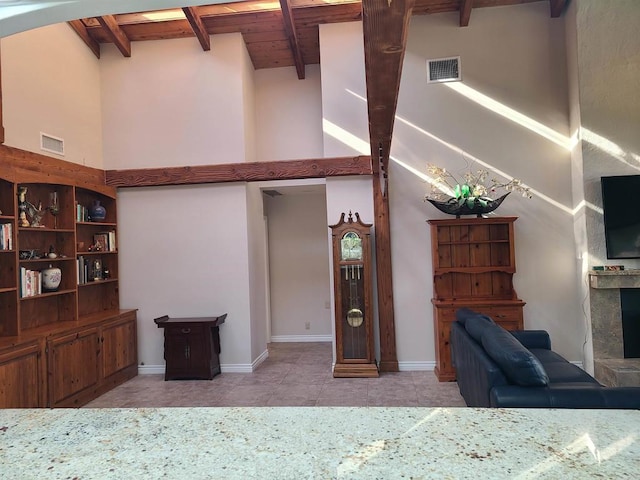 32202 Taupa Way, Pauma Valley, CA 92061 - bedroom featuring tile patterned flooring, beamed ceiling, and a high ceiling