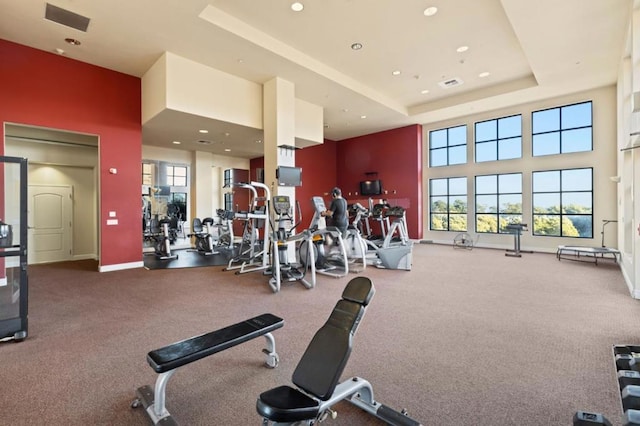 exercise room featuring a towering ceiling, a tray ceiling, and carpet floors