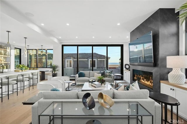 living room with a large fireplace and light hardwood / wood-style floors