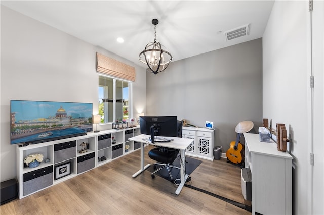 7631 Capstone Ct, Riverside, CA 92506 - office featuring a chandelier, light wood-style flooring, and recessed lighting