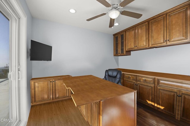 office space featuring dark wood-style flooring, ceiling fan, and recessed lighting