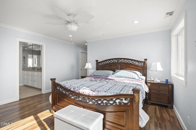 bedroom featuring baseboards, ornamental molding, visible vents, and dark wood-style flooring