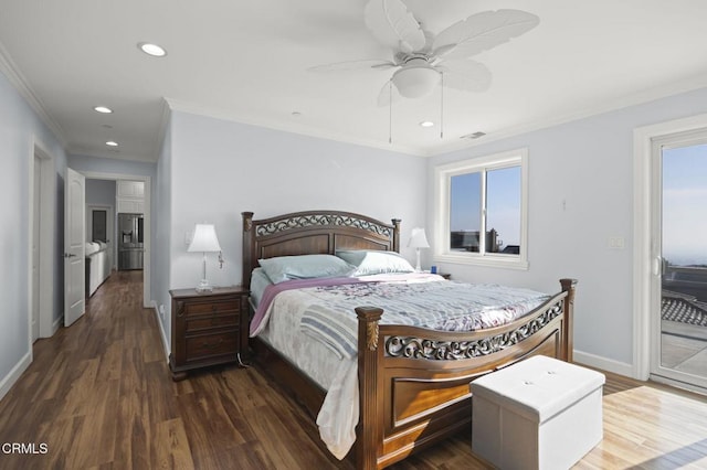 bedroom featuring access to exterior, baseboards, ornamental molding, recessed lighting, and dark wood-type flooring