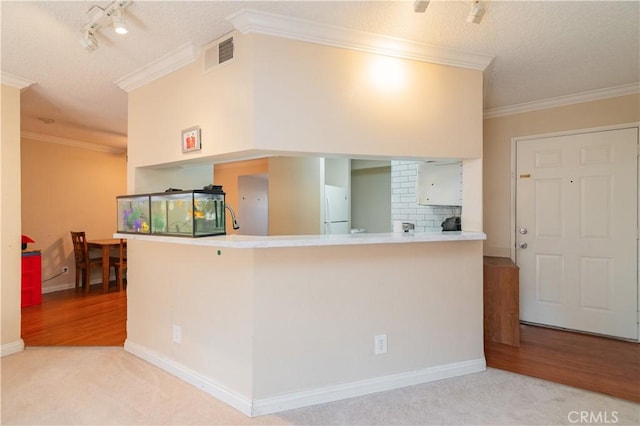 kitchen with light carpet, kitchen peninsula, tasteful backsplash, crown molding, and white fridge