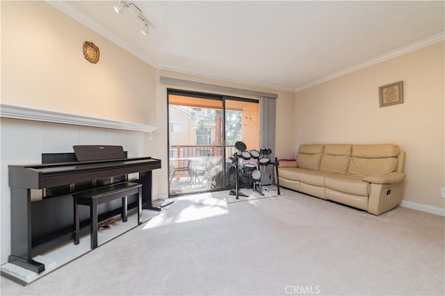 living area featuring light carpet, crown molding, and track lighting