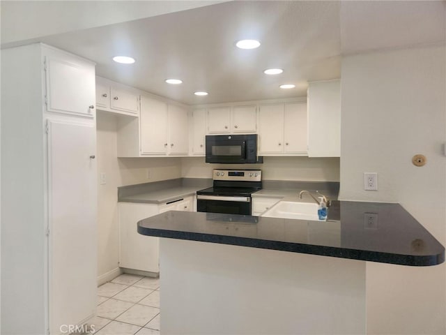 kitchen with white cabinets, sink, electric stove, and kitchen peninsula