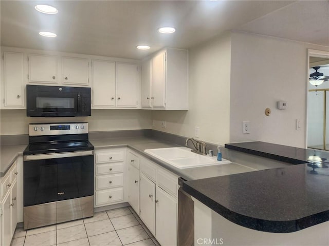 kitchen with white cabinetry, sink, ceiling fan, stainless steel electric stove, and light tile patterned floors