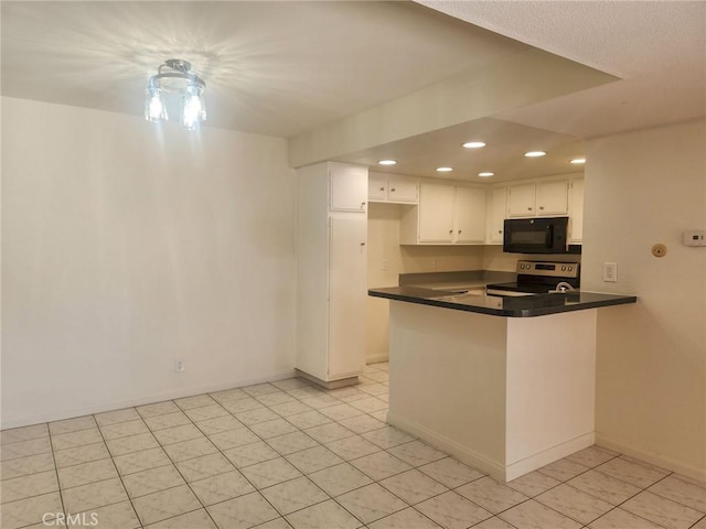 kitchen with kitchen peninsula, white cabinetry, electric stove, and light tile patterned floors