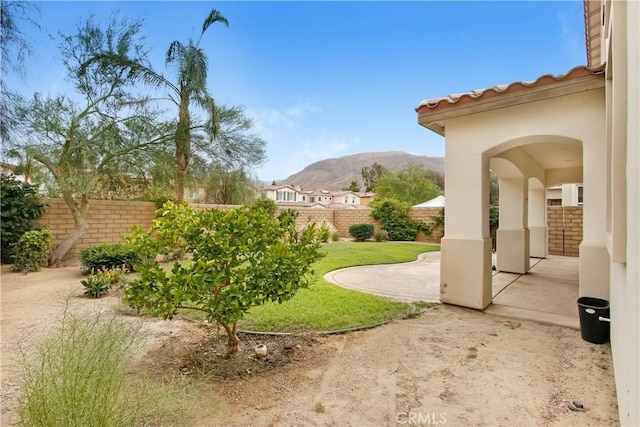 view of yard featuring a mountain view and a patio