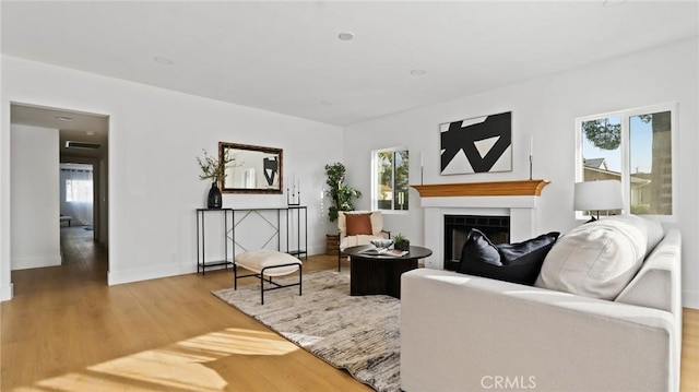 living room with wood-type flooring and a tiled fireplace