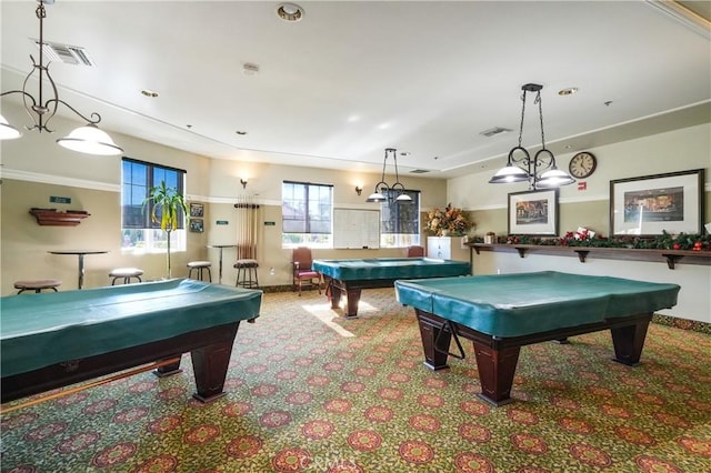 recreation room featuring carpet floors, billiards, and ornamental molding