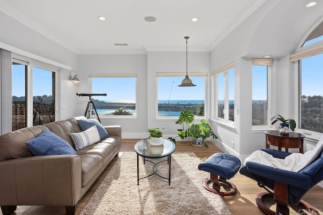 sunroom featuring a wealth of natural light and a water view