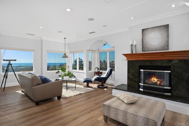 living room with a healthy amount of sunlight, wood-type flooring, and ornamental molding