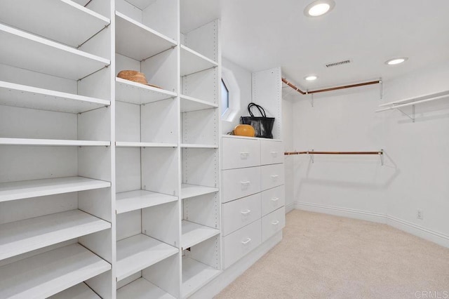 spacious closet featuring light colored carpet