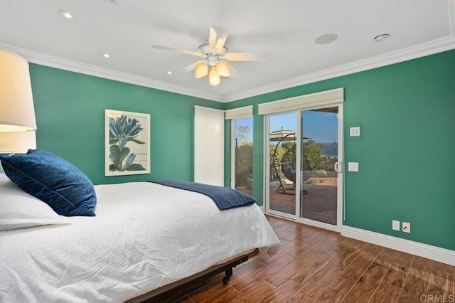 bedroom with wood-type flooring, access to outside, ceiling fan, and crown molding