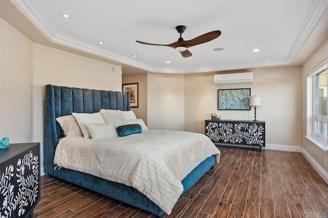 bedroom with an AC wall unit, a raised ceiling, ceiling fan, and crown molding