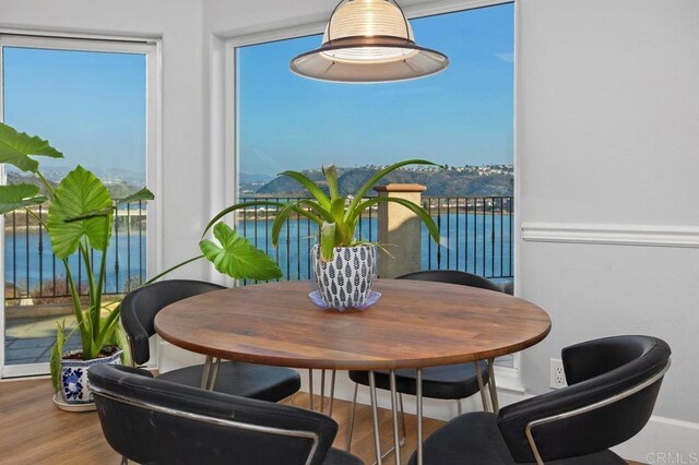 dining room with a water view and hardwood / wood-style flooring