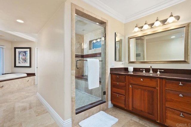 full bath with ornamental molding, a stall shower, vanity, and baseboards