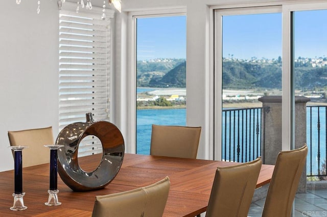 dining space with a water view and wood finished floors