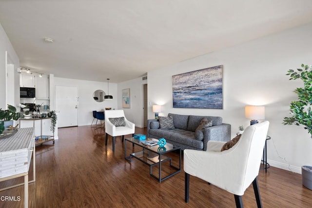 living room with dark hardwood / wood-style flooring