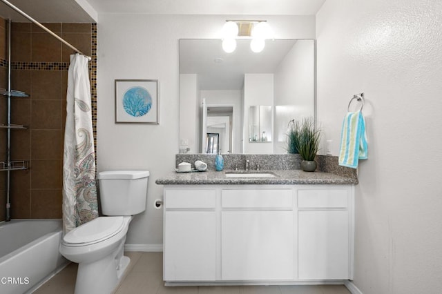 full bathroom featuring toilet, shower / bath combination with curtain, vanity, and tile patterned floors