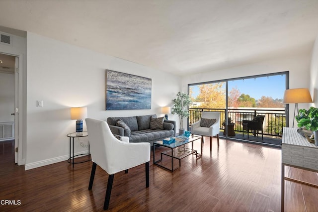 living room featuring dark wood-type flooring