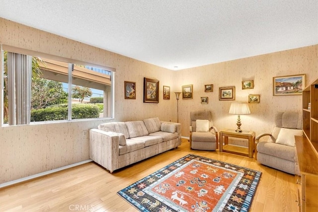 living room with wood-type flooring and a textured ceiling