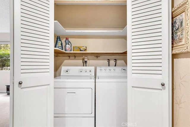 clothes washing area with carpet and independent washer and dryer