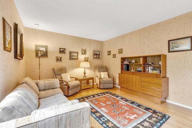 living room featuring a textured ceiling and hardwood / wood-style flooring