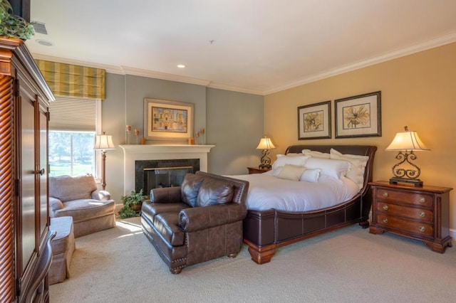 carpeted bedroom featuring crown molding