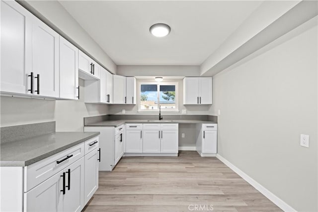 kitchen with white cabinets, light hardwood / wood-style flooring, and sink