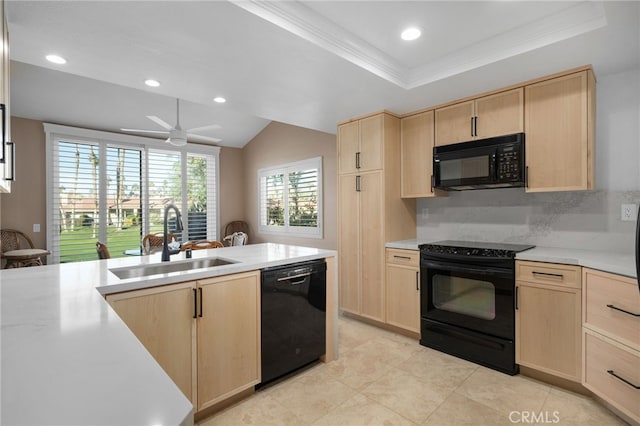 kitchen with light brown cabinets, backsplash, black appliances, sink, and ceiling fan