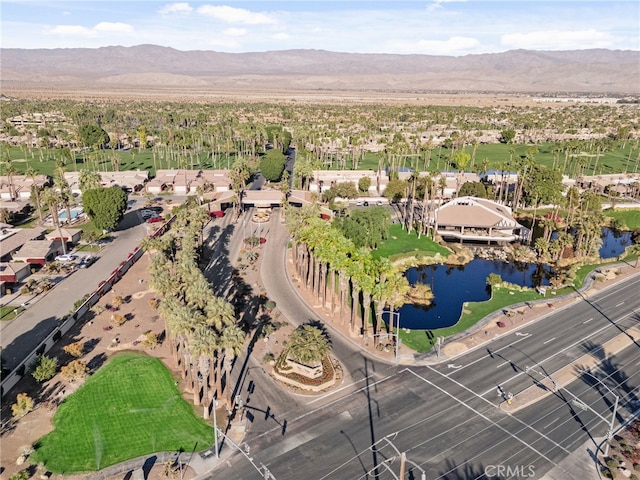 bird's eye view featuring a water and mountain view