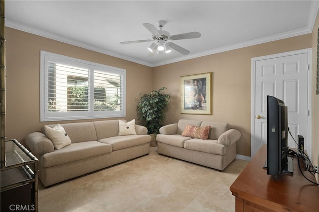 living room featuring crown molding and ceiling fan