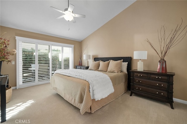 bedroom featuring light colored carpet, ceiling fan, and lofted ceiling