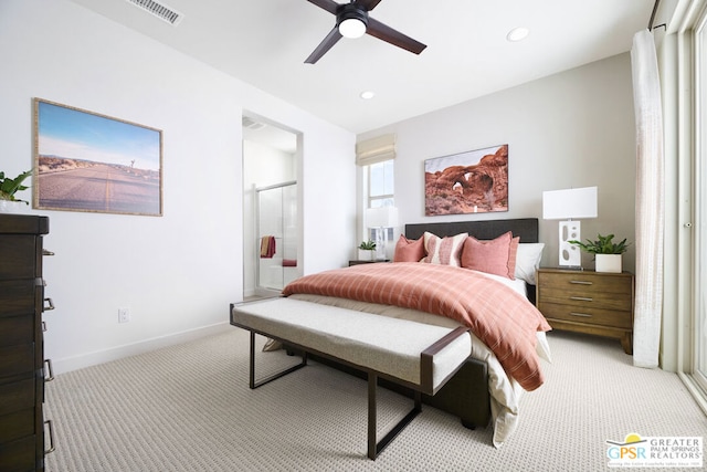 bedroom featuring light carpet and ceiling fan